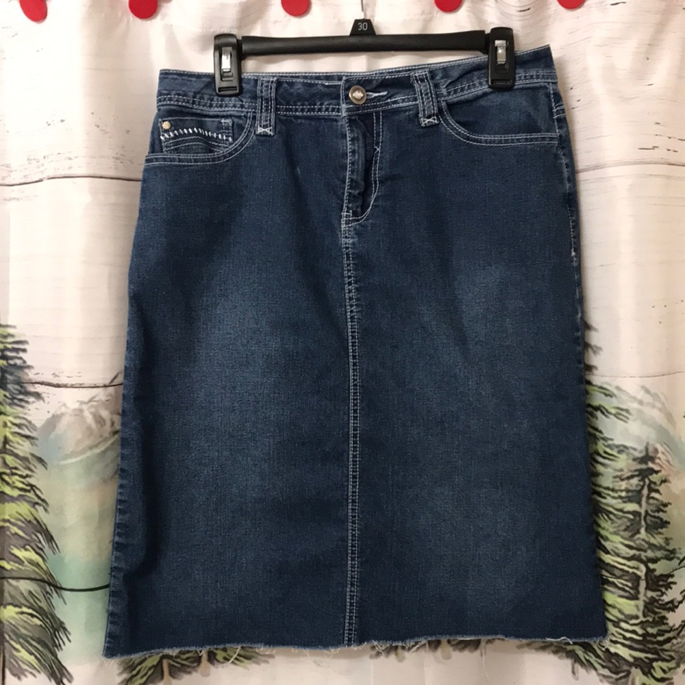 Dress Barn denim distressed hem bling skirt